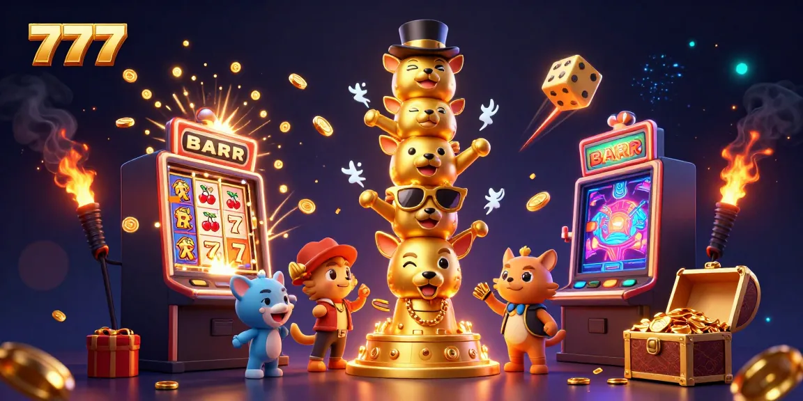 Slot mesin jackpot dan totem hewan 777 bergaya kartun, menyajikan keceriaan kasino.