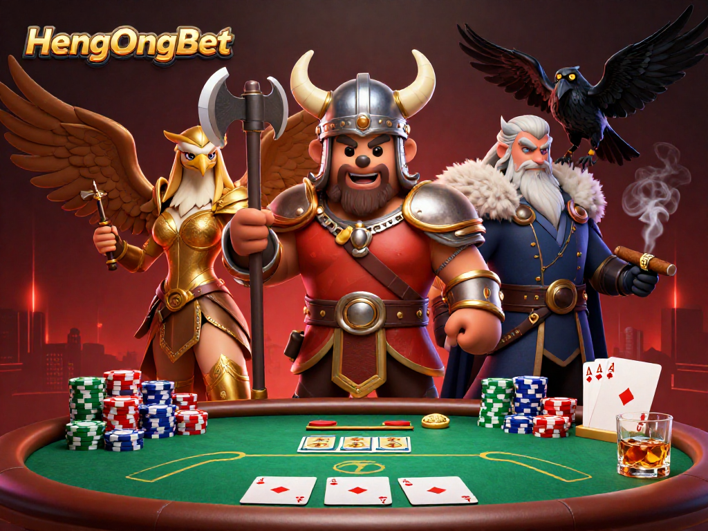 Engage in thrilling poker action with HengOngBet amidst a vibrant Viking scene!