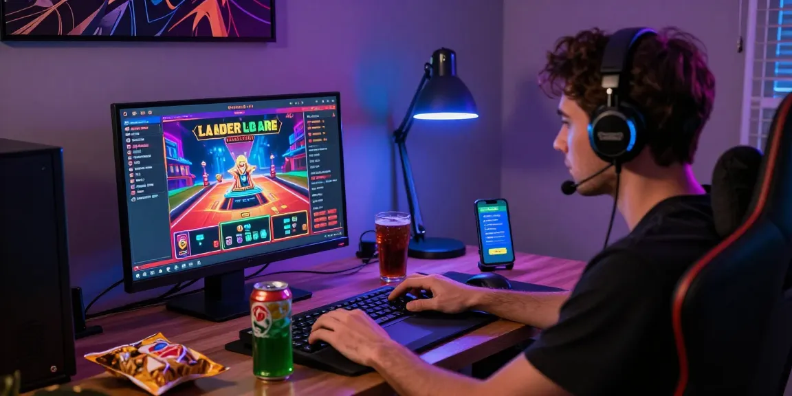 LUCK8 online gambling platform user immersed in interactive casino games with vibrant graphics and energy drinks.