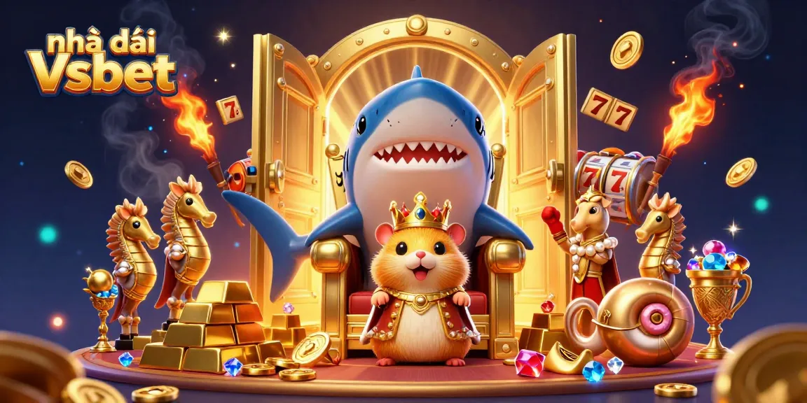 Engage with Nhà cái Vsbet as a golden hamster king rules over a vibrant casino scene filled with treasures.