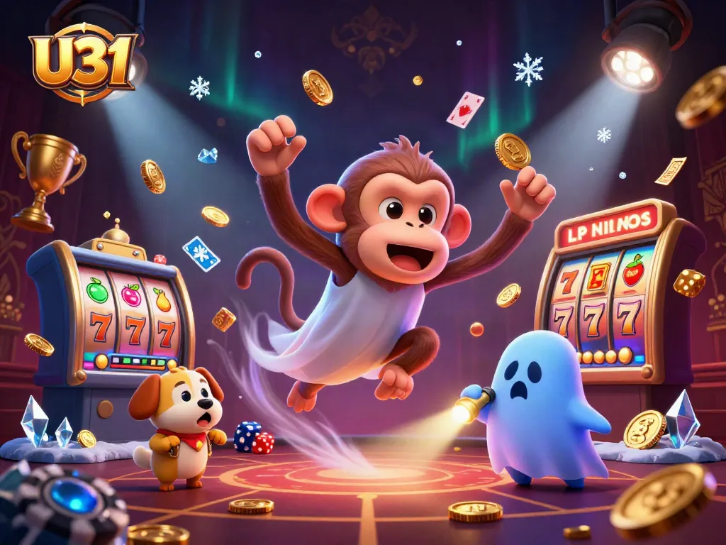 Experience the excitement of U31 with a mischievous poltergeist monkey and a curious puppy in a vibrant haunted casino scene.