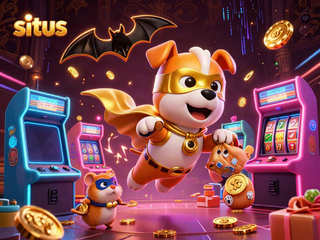 Menggambarkan situs slot dengan superhero anjing terbang membawa koin emas dan hamster sebagai pendukung, dikelilingi mesin permainan berwarna-warni.