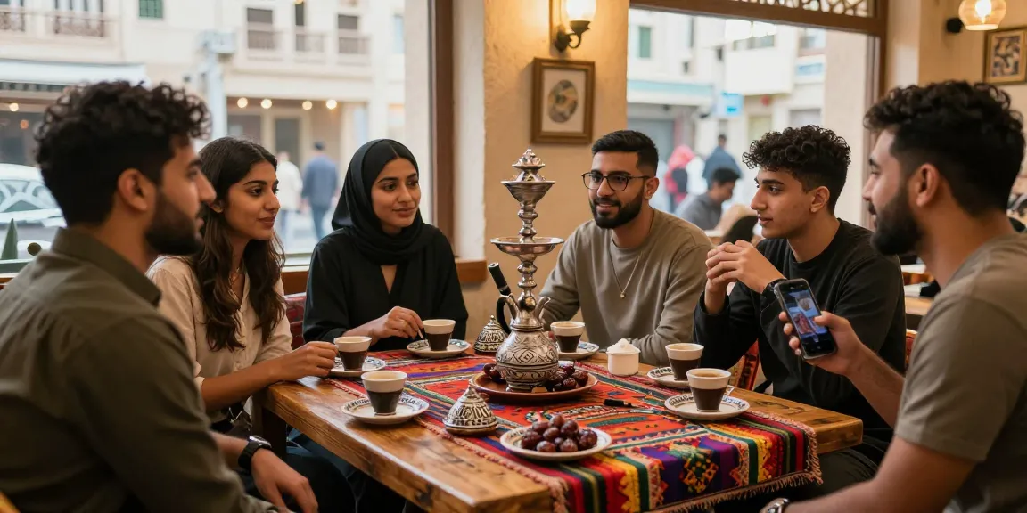 شات الرياض vibrant cafe scene with friends enjoying coffee and conversation