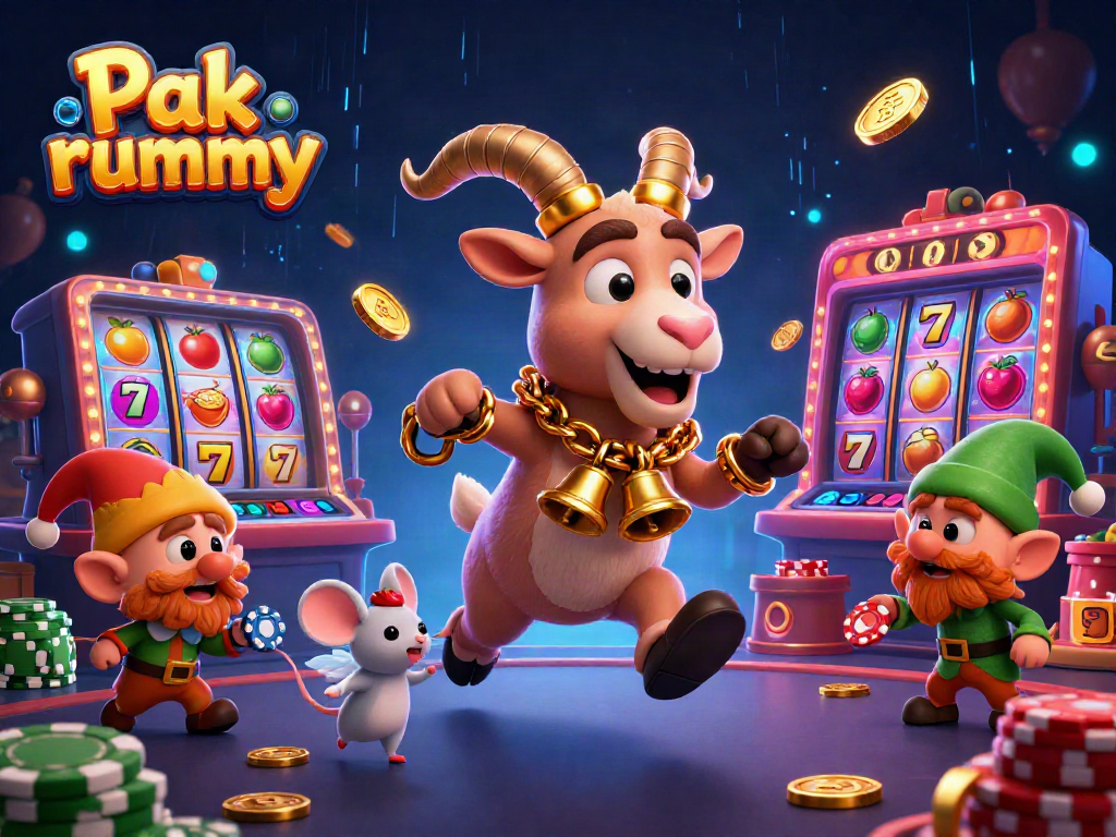 Experience the excitement of Pak rummy with festive characters in a vibrant casino environment.