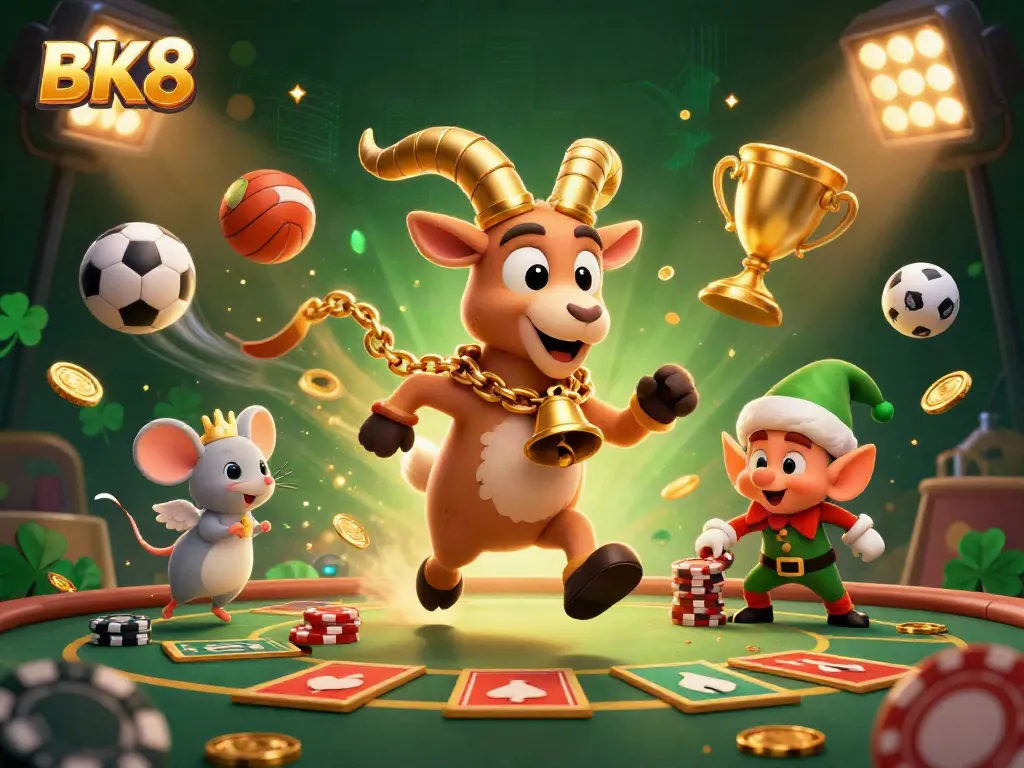 Experience the thrill of BK8 with a festive casino scene filled with cartoon characters and vibrant gaming elements.