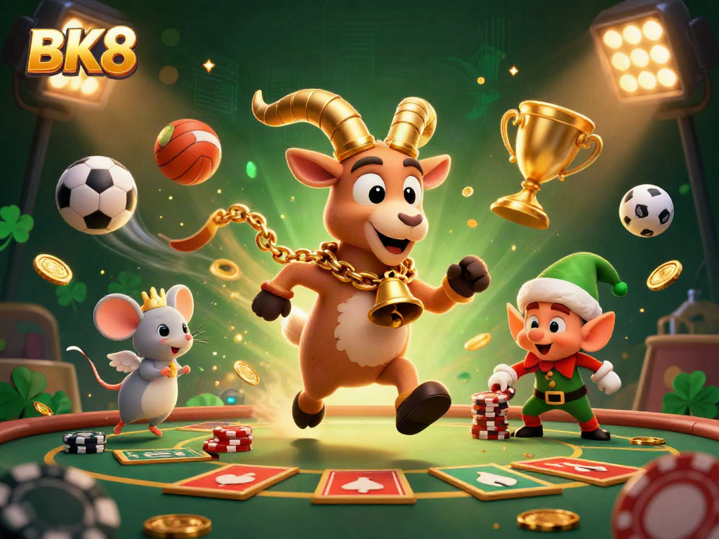 Experience the thrill of BK8 with a festive casino scene filled with cartoon characters and vibrant gaming elements.