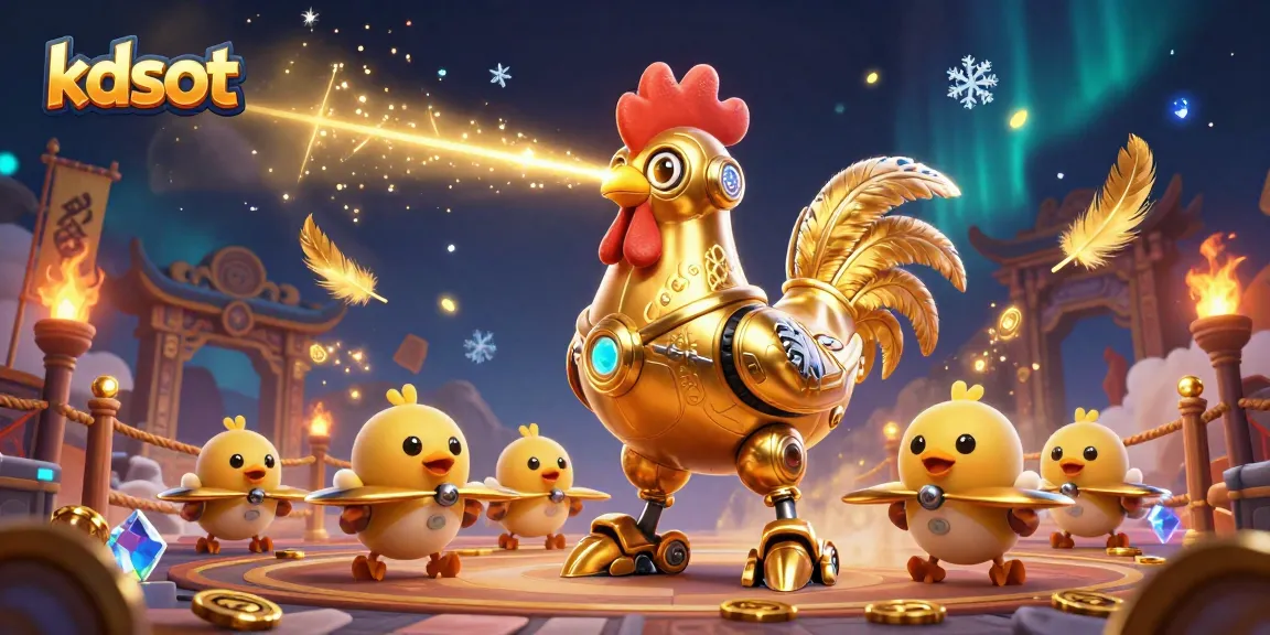 Experience kdslot excitement with vibrant golden rooster robot, engaging baby chick drones, and dynamic gaming elements.