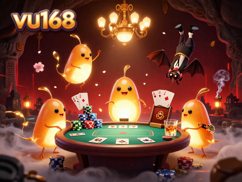 Experience the thrilling vibe of vu168 with glowworms illuminating a dynamic casino scene full of poker action.