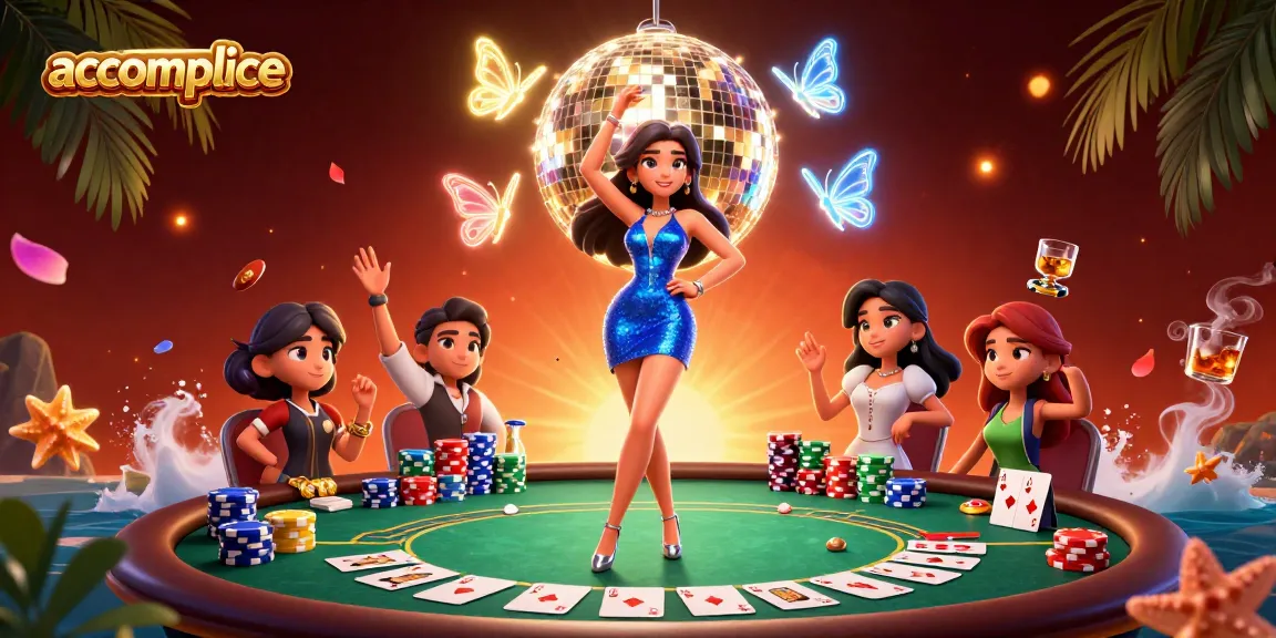 Join the excitement at accomplice with vibrant casino festivities, dazzling characters, and rich poker elements.