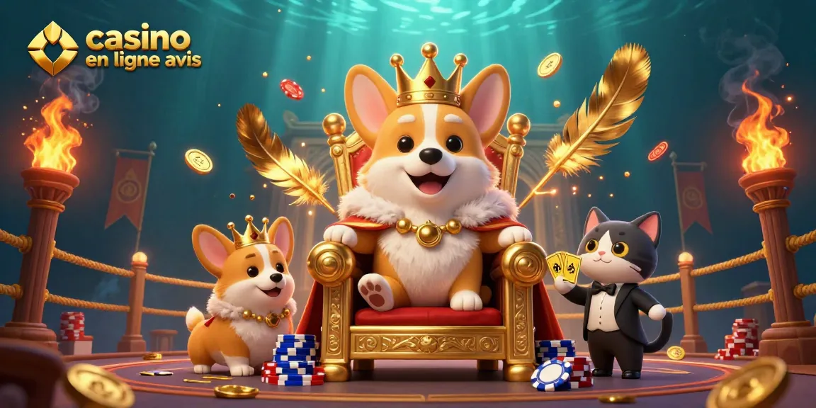 Découvrez le meilleur casino en ligne avis avec notre scène vibrante d'un corgi royal sur un trône de jetons de poker.