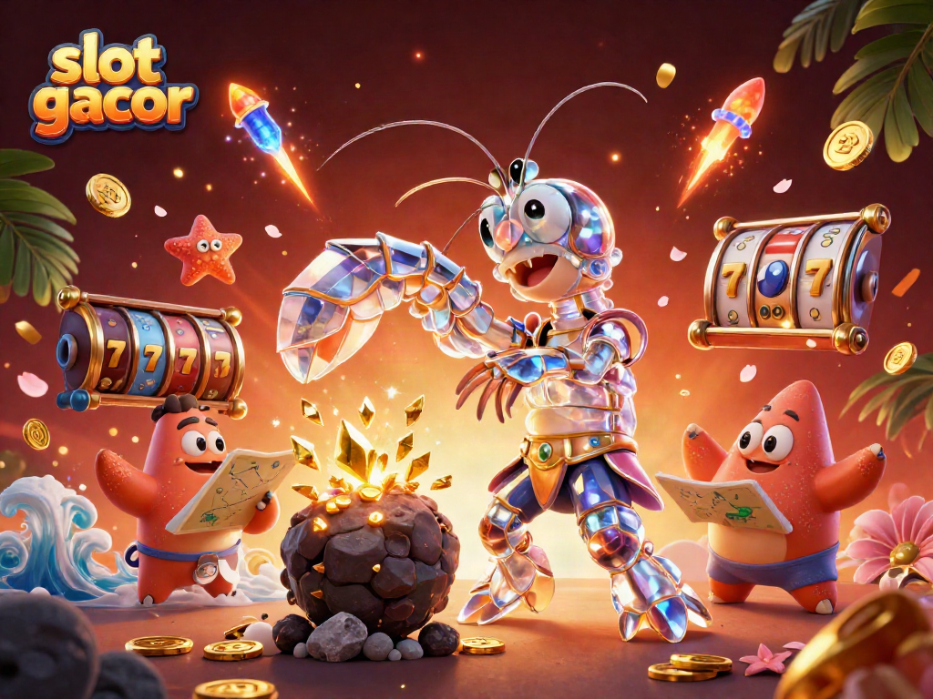 Slot gacor dengan samurai udang mantis dan bintang navigator di latar belakang kasino yang meriah.