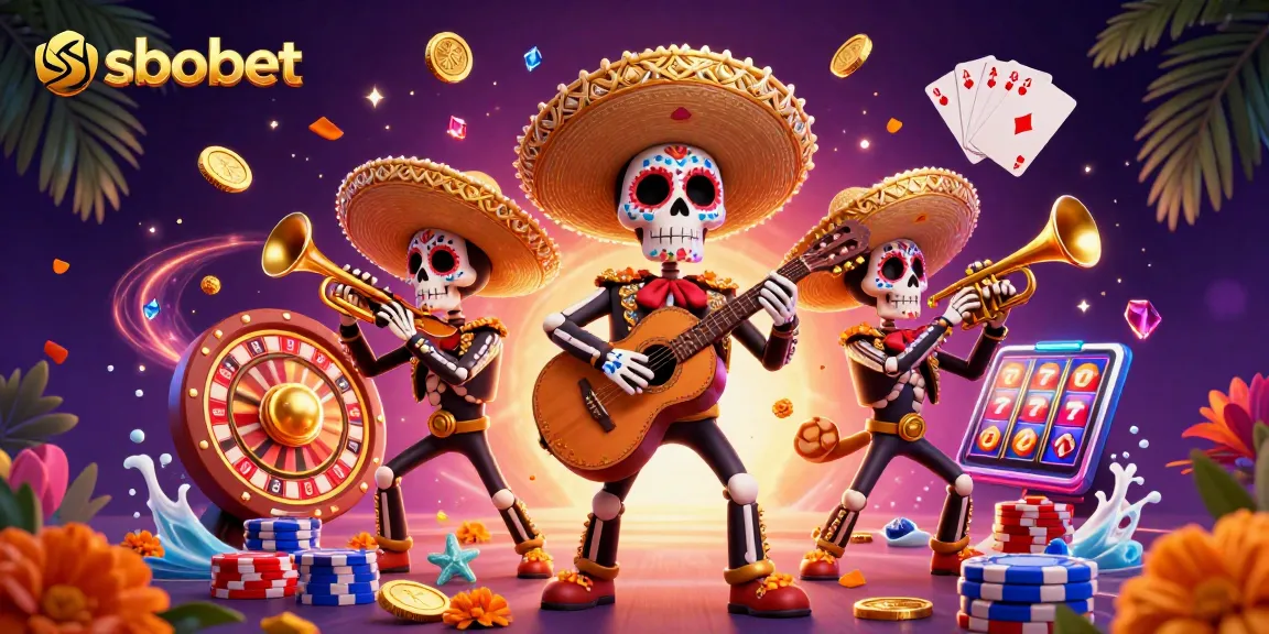 Experience thrilling sbobet betting with a vibrant mariachi band and cascading casino elements.