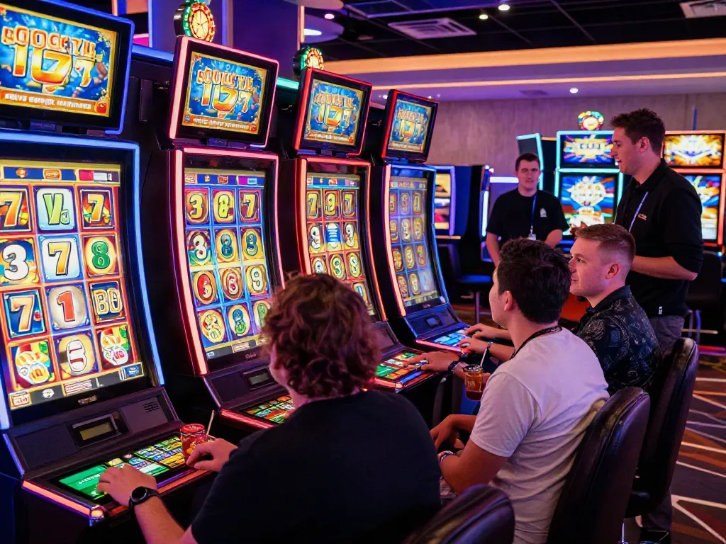 Exciting Lucky777 casino scene with players engaging at vibrant slot machines.