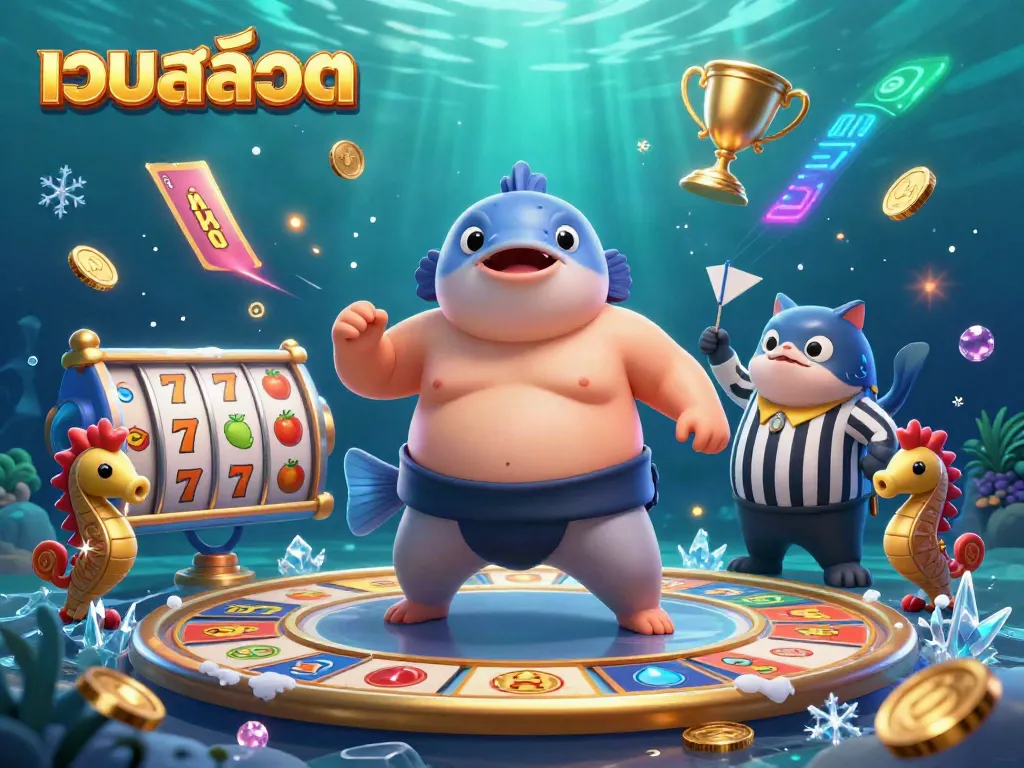 Engage with เว็บสล็อต through an exciting underwater scene featuring a fugu, catfish referee, and thrilling slot reels.
