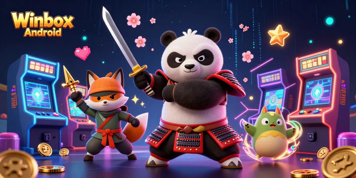Winbox Android app illustration featuring samurai panda, ninja fox, and spirit tanuki in vibrant casino scene.