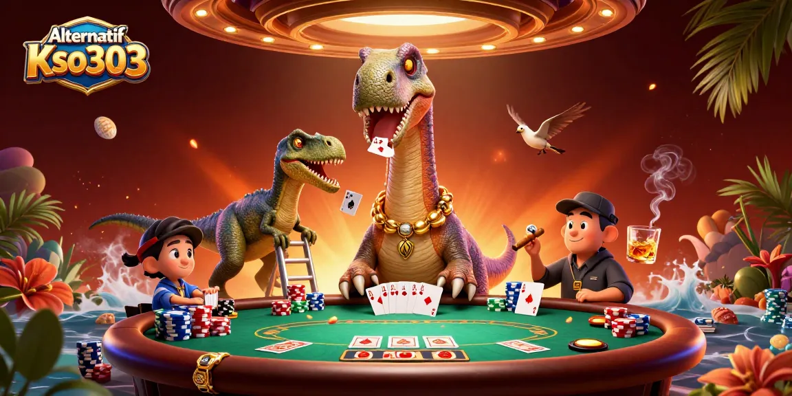 Permainan poker seru di Alternatif Kso303 dengan brontosaurus raksasa dan kartu yang menarik.