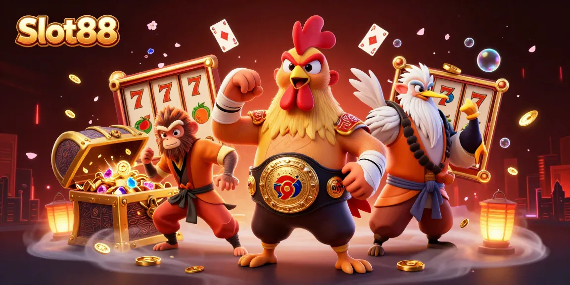 Experience Slot88 with vibrant characters, gold coins, and exciting slot elements in a dynamic 3D scene.