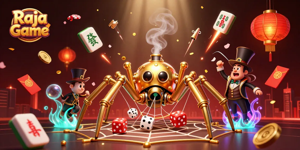 Engage in thrilling games at Raja Game with a dynamic scene of fortune involving a golden spider and playful elements.