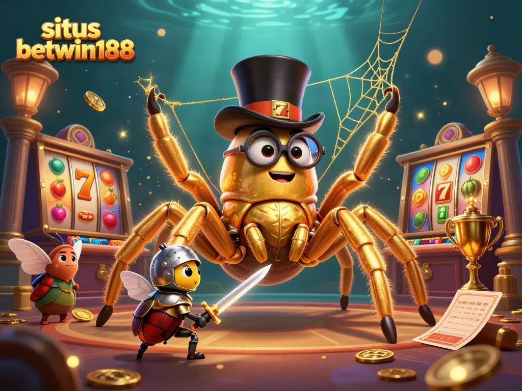 Situs betwin188 showcases a lively 3D casino scene with cartoon characters, spinning slots, and golden rewards.