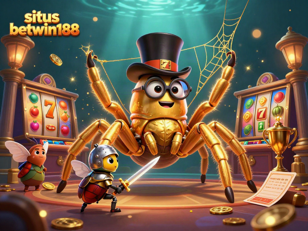 Situs betwin188 showcases a lively 3D casino scene with cartoon characters, spinning slots, and golden rewards.
