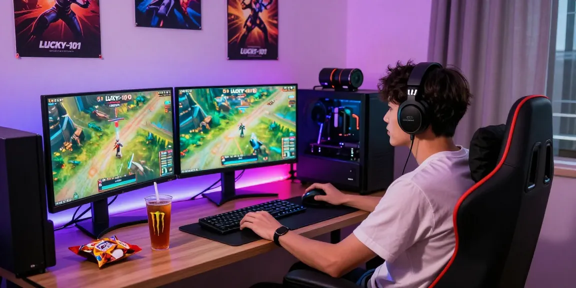 Exciting gaming scene featuring lucky-101 gameplay on multiple monitors.