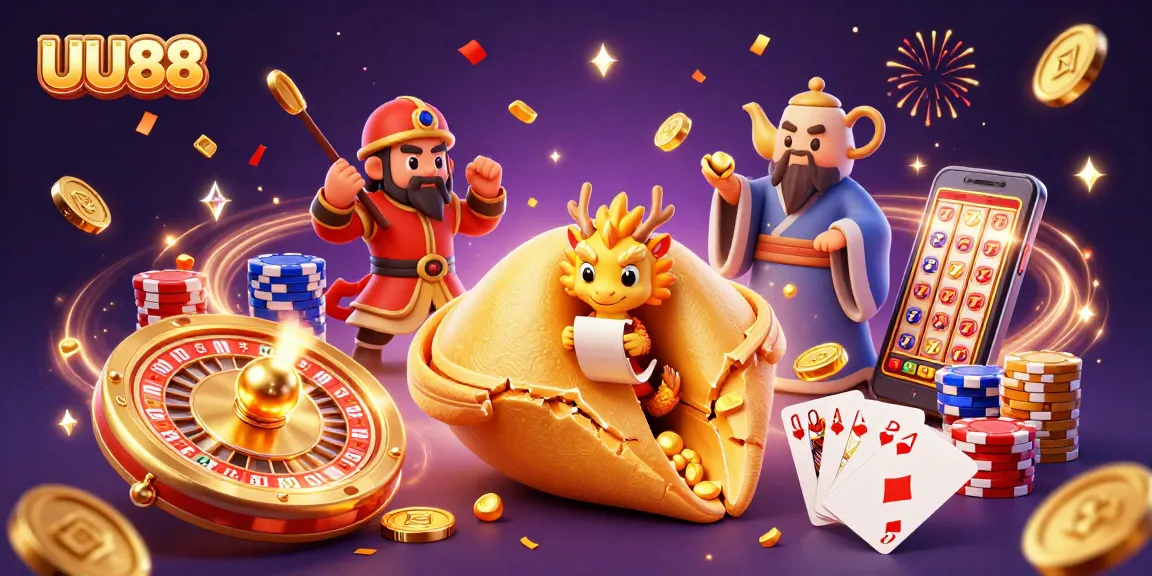 Experience thrilling gameplay at UU88 with a dynamic illustration showcasing casino elements and fortune cookie icons.