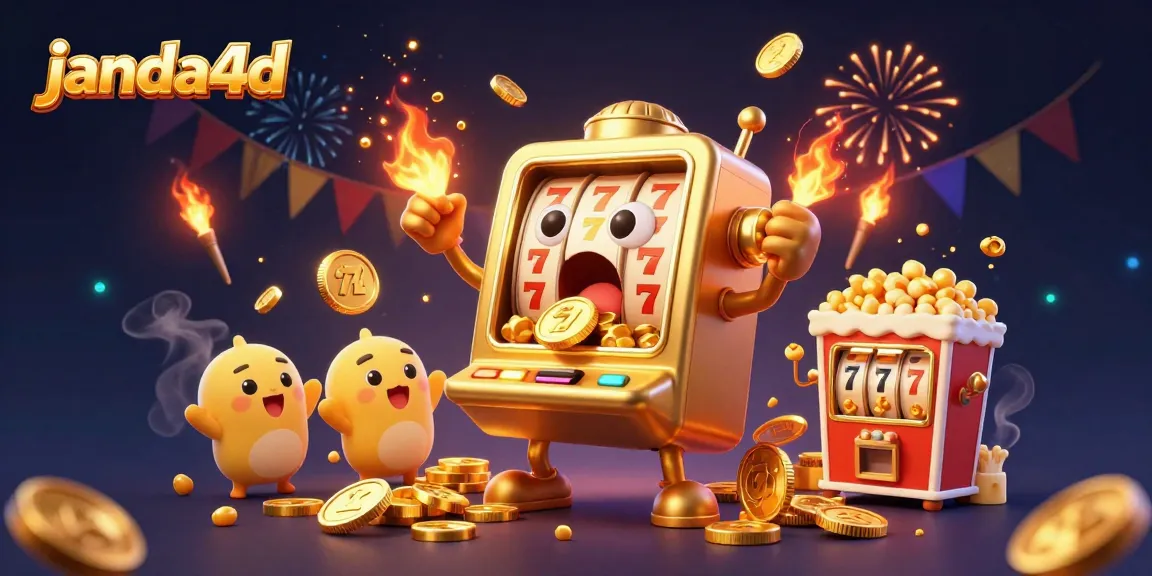 Janda4d menampilkan mesin slot emas beraksi meraih jackpot dengan koin berhamburan.