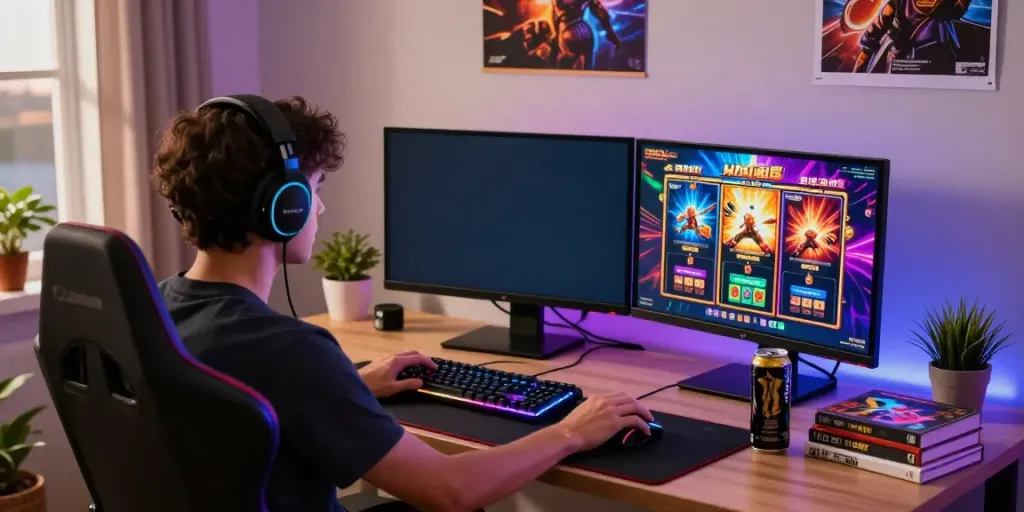 A vibrant gaming scene featuring akunjp slot games in a modern home office.