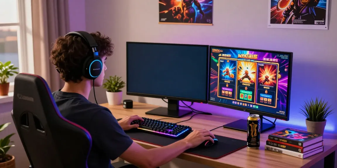 A vibrant gaming scene featuring akunjp slot games in a modern home office.