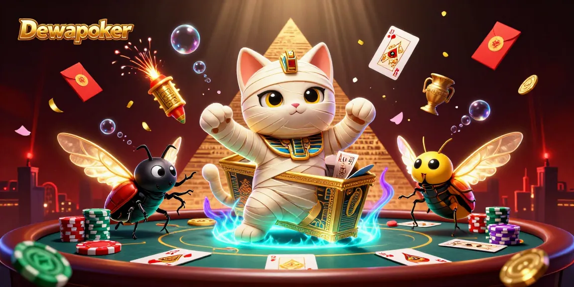 Dewapoker engages players with vibrant 3D poker illustration featuring a mummy cat and glowing scarab in a casino.