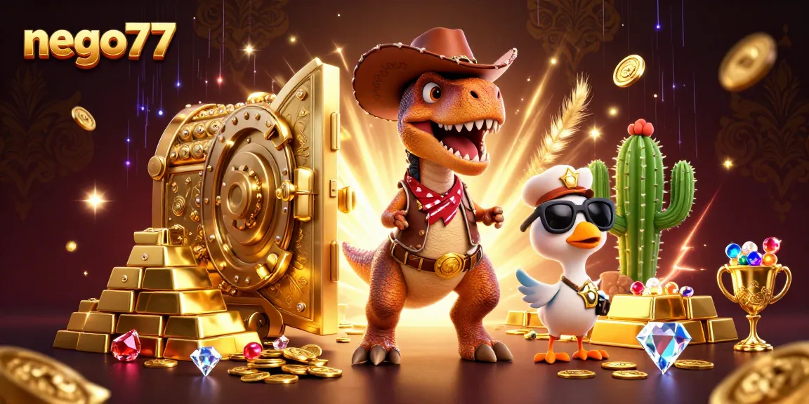 Engage your winnings with nego77 in a vibrant casino scene full of treasures and characters.