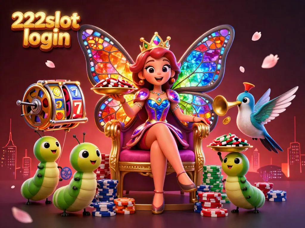 Masuki pengalaman permainan slot yang menyenangkan dengan 222slot login, disertai raja kupu-kupu dan simbol keberuntungan.