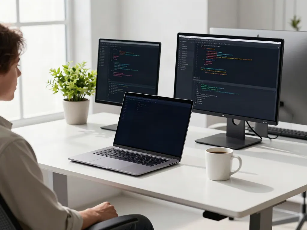 The A80 website featuring a modern tech workspace with coding software on dual monitors and a laptop.