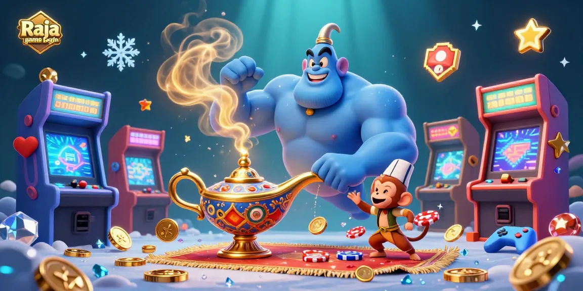 Engage with Raja game login featuring a magical genie and an Aladdin-style monkey amidst vibrant casino elements.