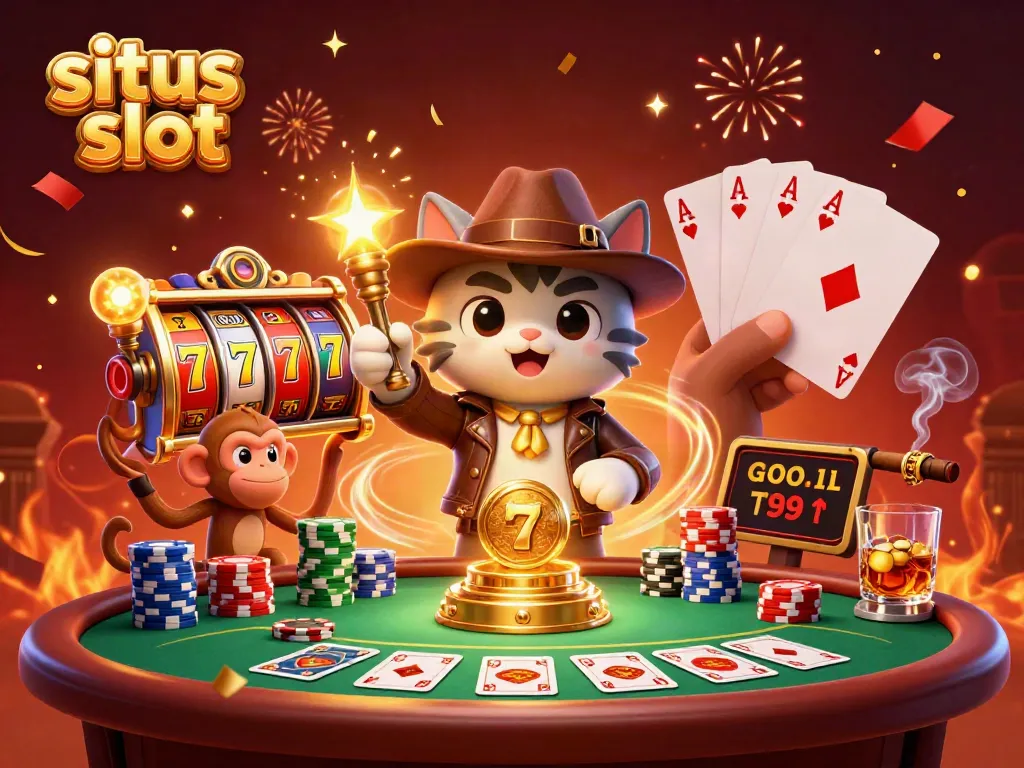 Engaging scene of a cartoon explorer cat discovering a situs slot jackpot artifact with vibrant casino elements.