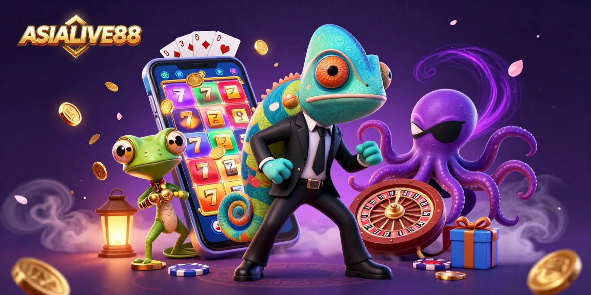 Spin the reels with ASIALIVE88 in a vibrant 3D casino scene featuring action-packed characters and gaming elements.