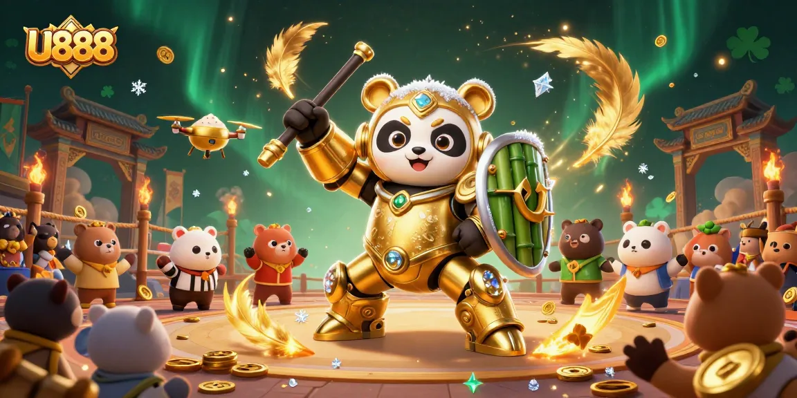 Experience the excitement of U888 with a golden panda in a dynamic 3D casino arena.