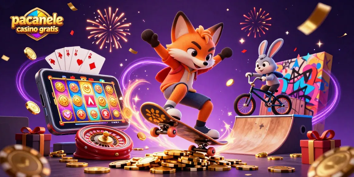 Joacă păcănele casino gratis cu un vulpe pe skateboard și un iepure, înconjurați de simboluri de joc.