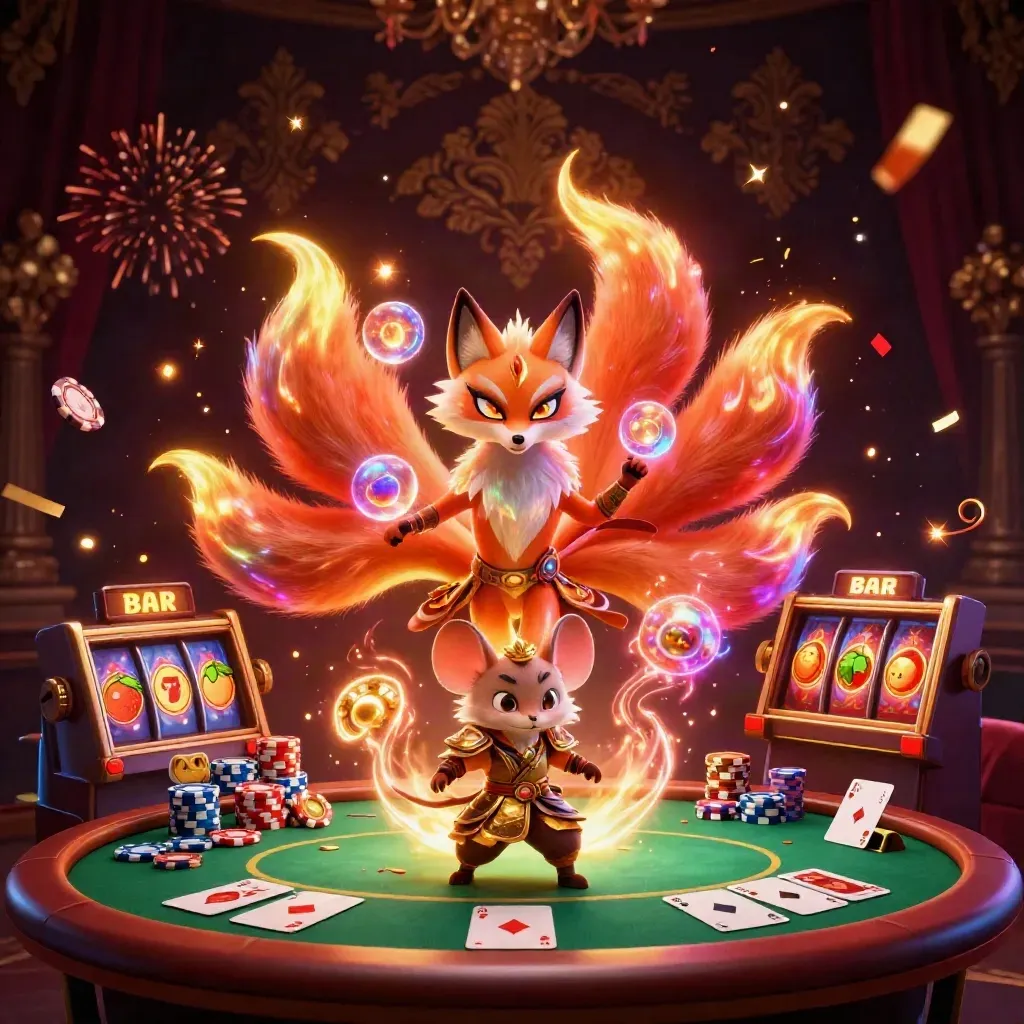 Neon fox spirit and golden samurai mouse amid casino cards, chips, reels, and fireworks
