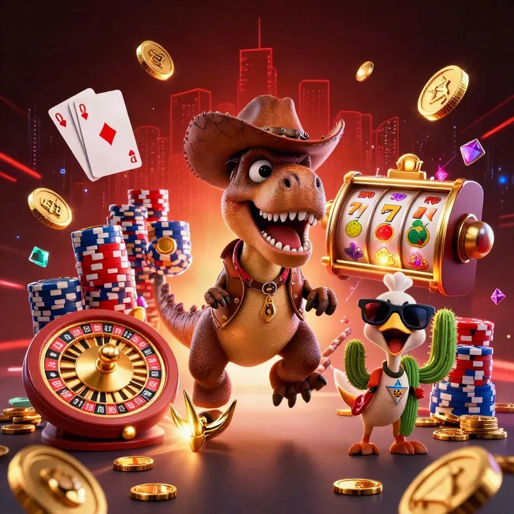 Cowboy T-Rex, cactus sidekick, and sheriff roadrunner amid neon casino treasures and spinning reels.
