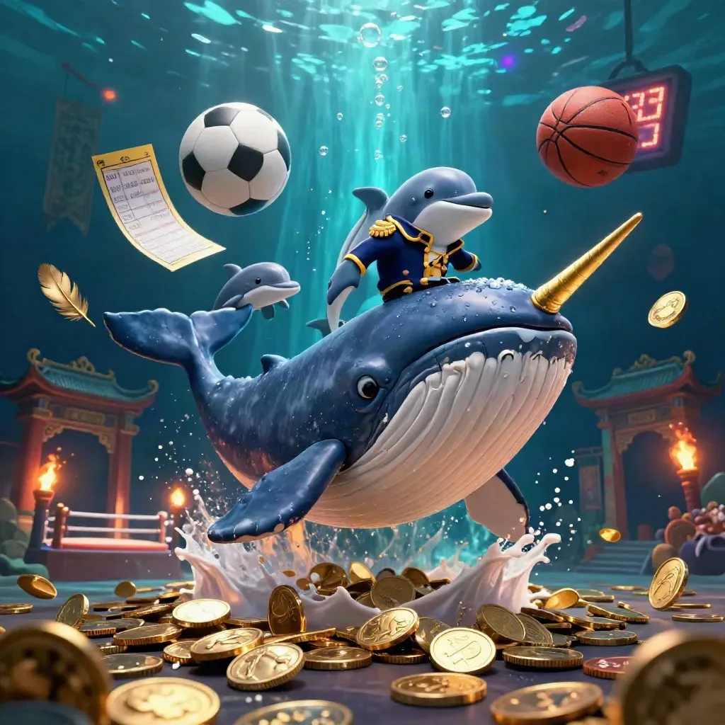 Whale captain, narwhal, and dolphins burst through coins with sports balls in an underwater casino scene.