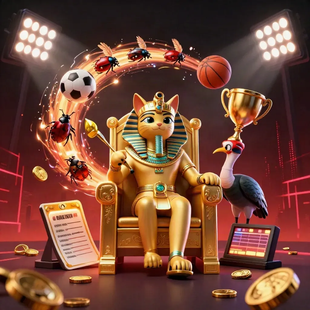 Pharaoh cat and ibis scribe amid flying sports balls, gold coins, and neon arena lights.