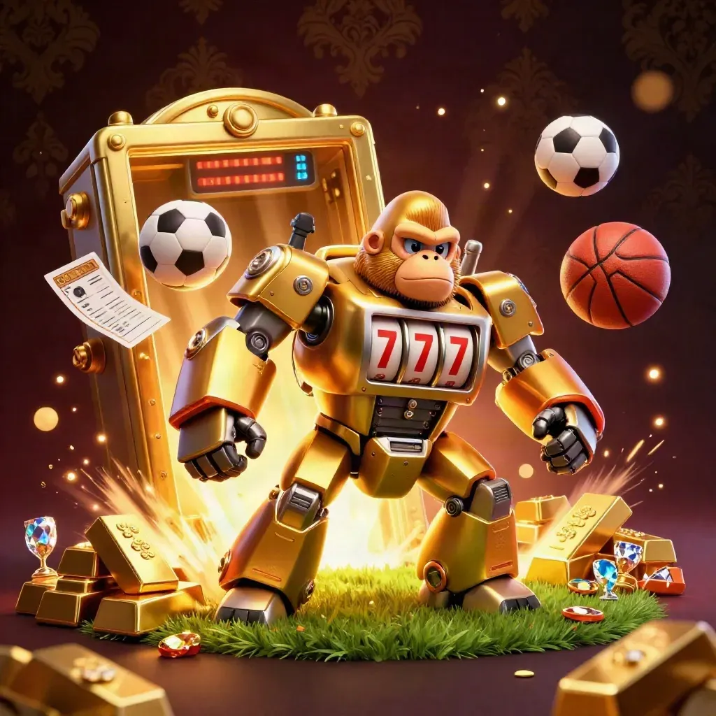 Golden gorilla mech with monkey pilot, vault blast, sports balls, gold, and casino sparkle.