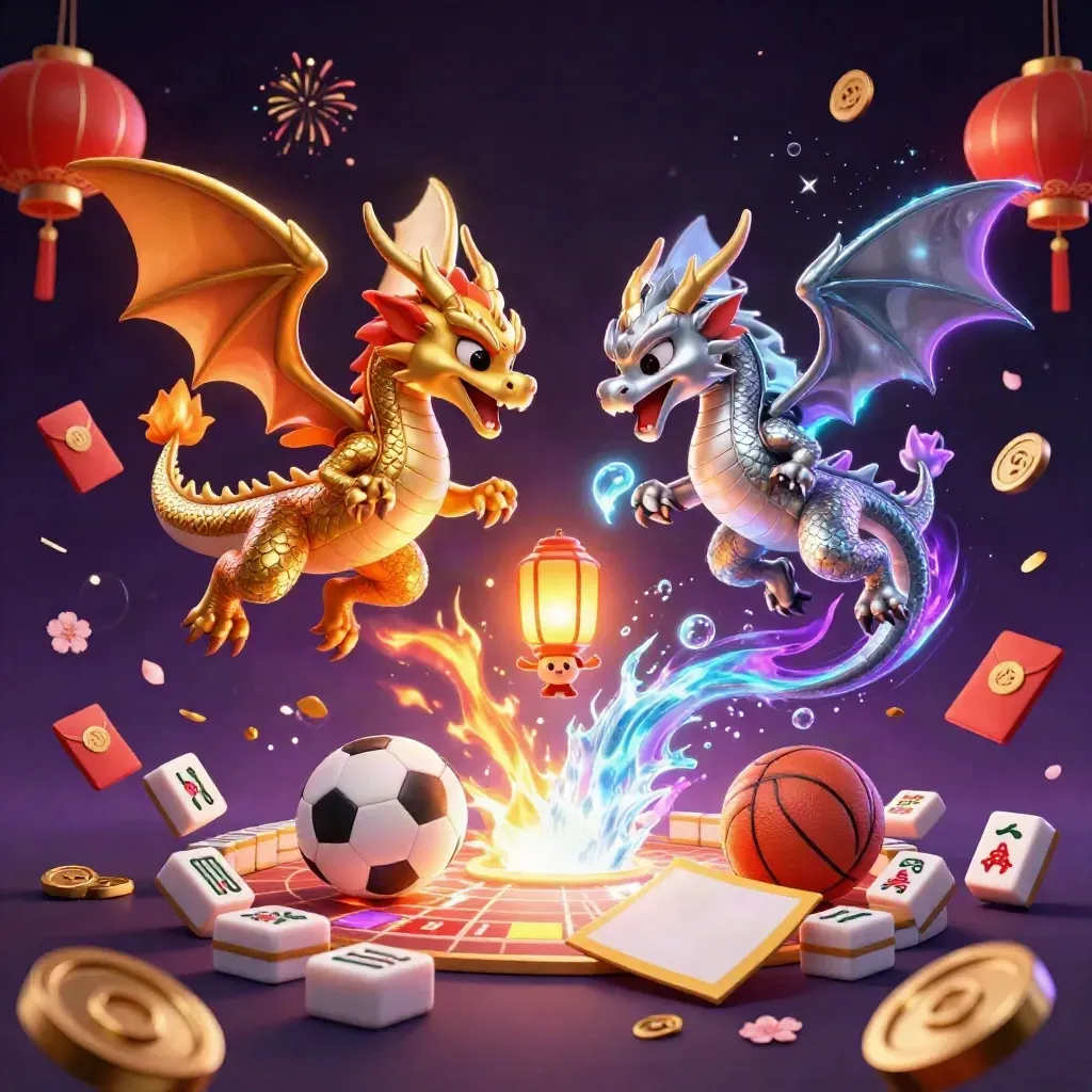 Twin gold and silver dragons swirl with sports balls, coins, lanterns, and glowing casino effects.