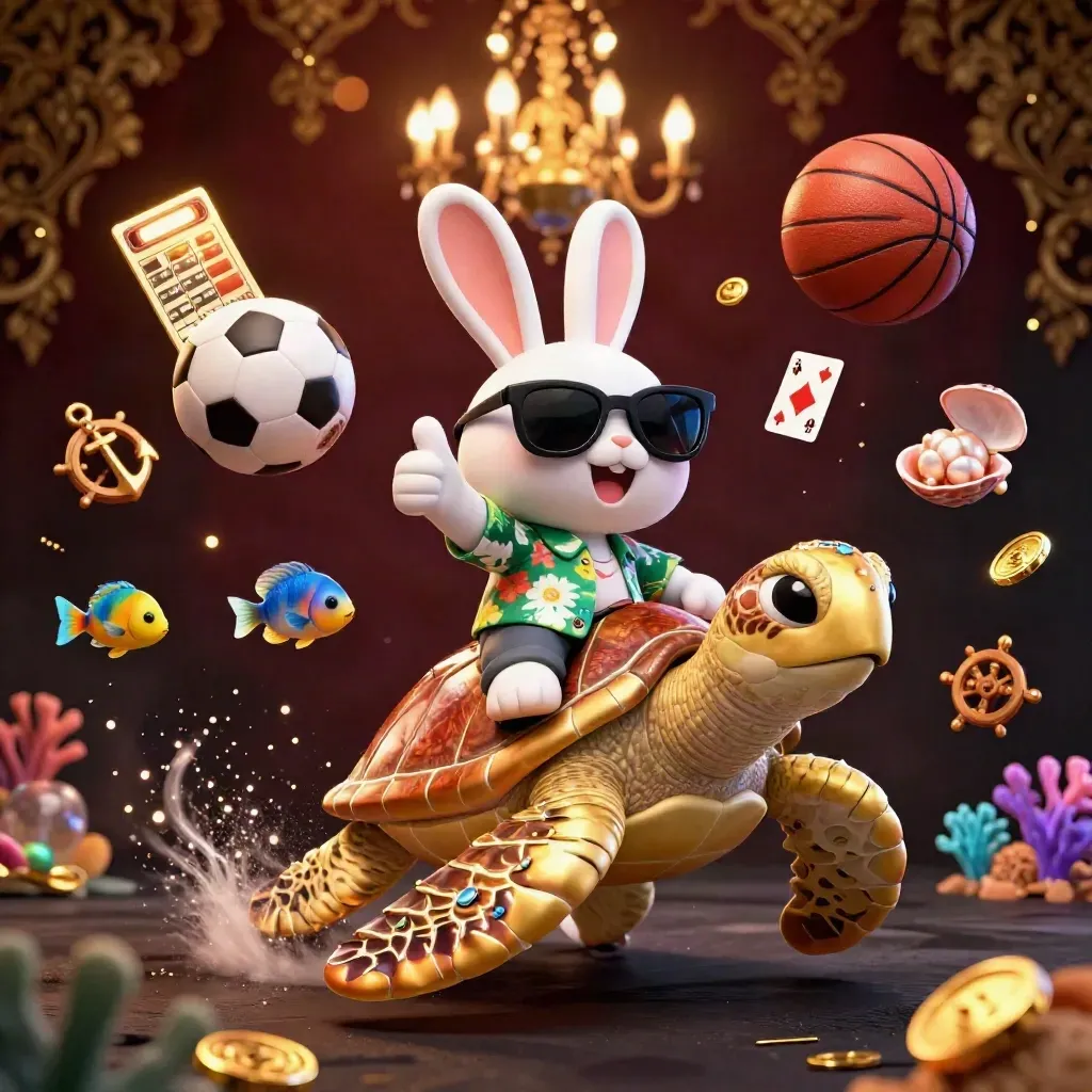 Lucky rabbit on golden turtle amid sports balls, cards, coral, coins, and glowing casino bokeh.