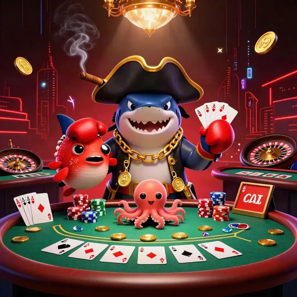 Pirate shark, pufferfish boxer, and coin-juggling octopus in a luxe neon casino scene.
