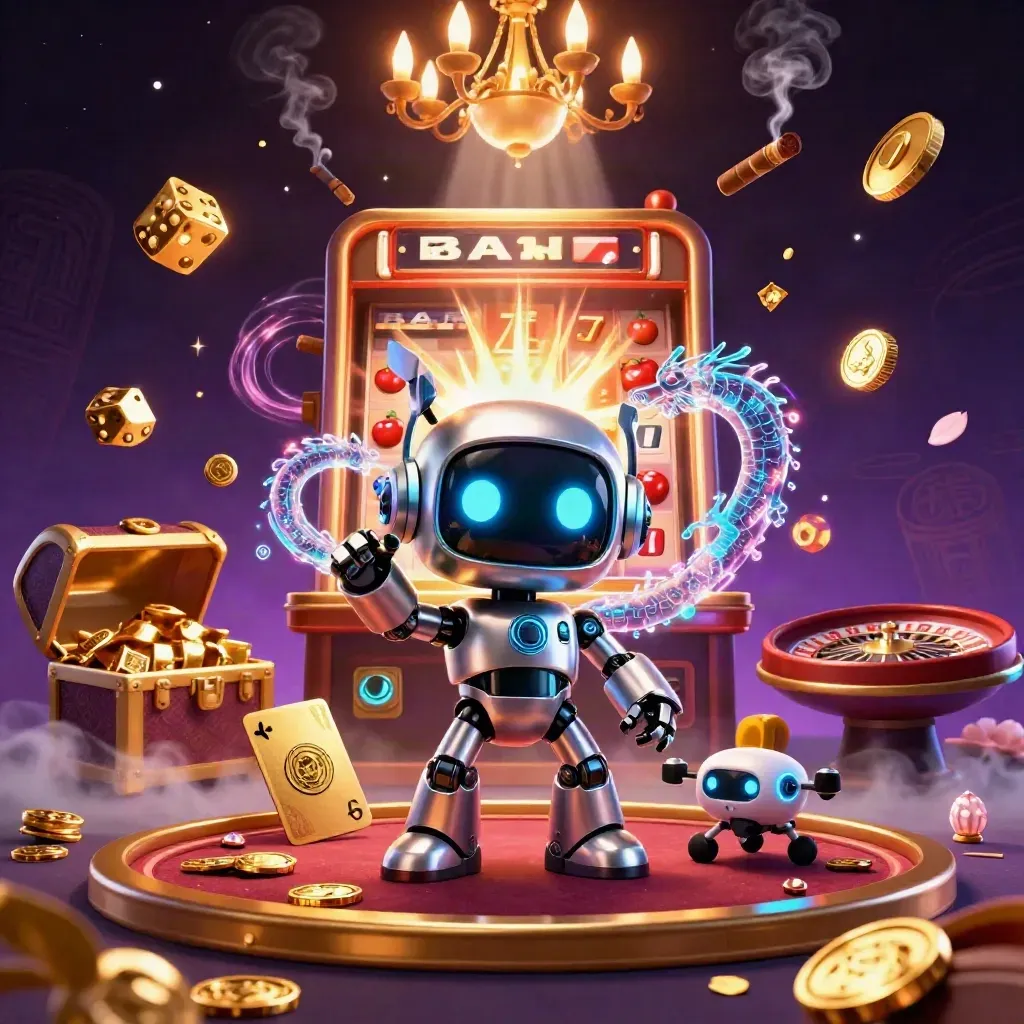Robot, holographic dragon, and coin drone amid a luxe casino burst with gold, smoke, and glowing reels.