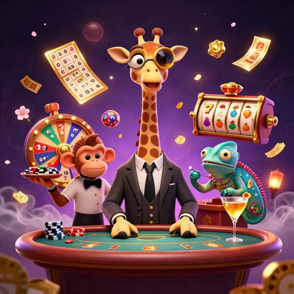 Giraffe, monkey, and chameleon at a neon casino table with gold bursts and spinning game icons