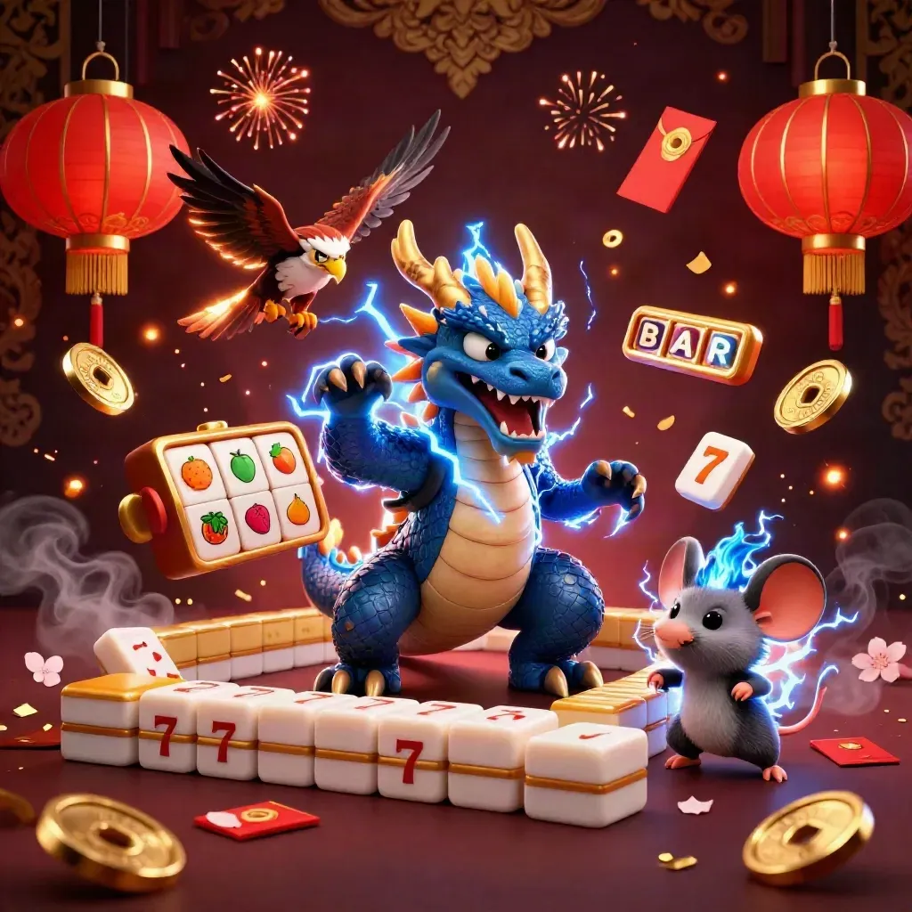 Thunder dragon, wind hawk, and static mouse amid casino treasure, lanterns, coins, and lightning.