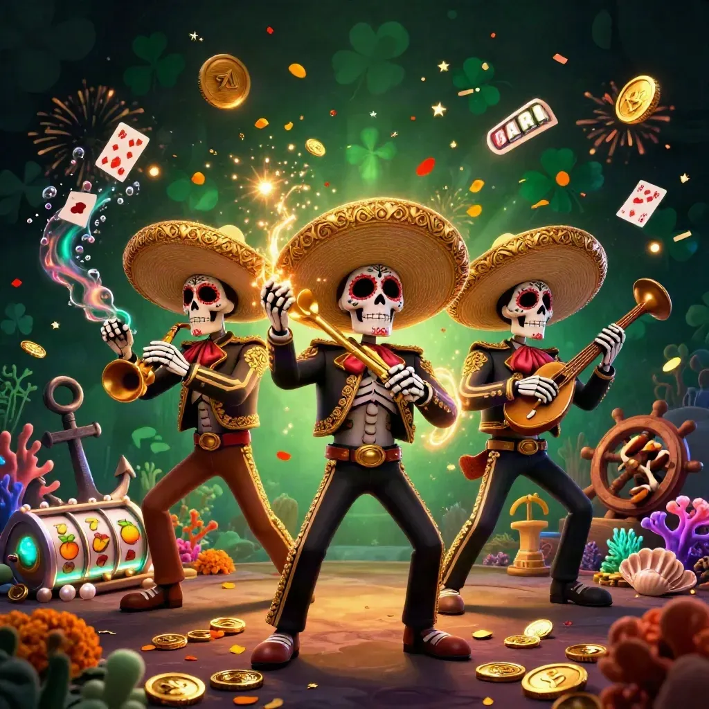 Skeleton mariachi trio amid gold coins, coral, cards, and fireworks in a treasure cove